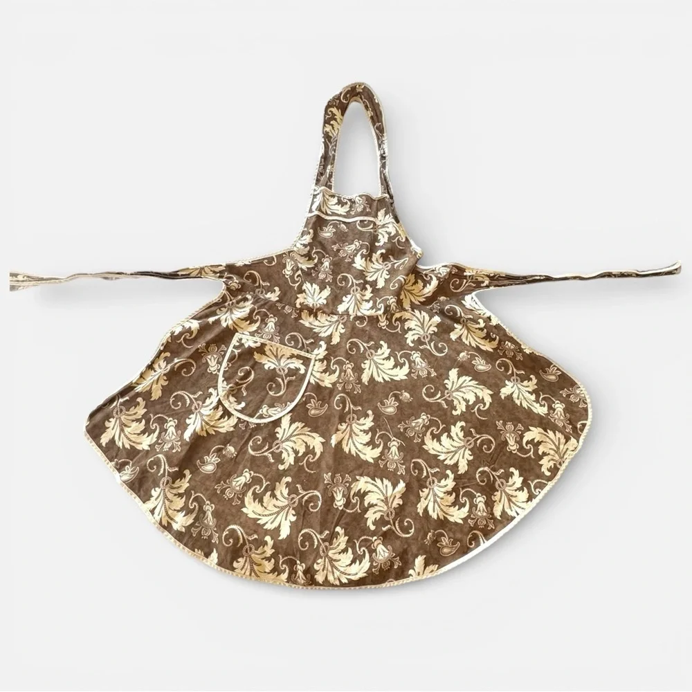 Vintage 50s Single Stitch Women’s Kitchen Apron Brown Floral Print Front Pocket